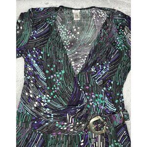 Cache Wrap Dress Medium Gold Buckle Black Geometric Print Stretch Classic Curvy